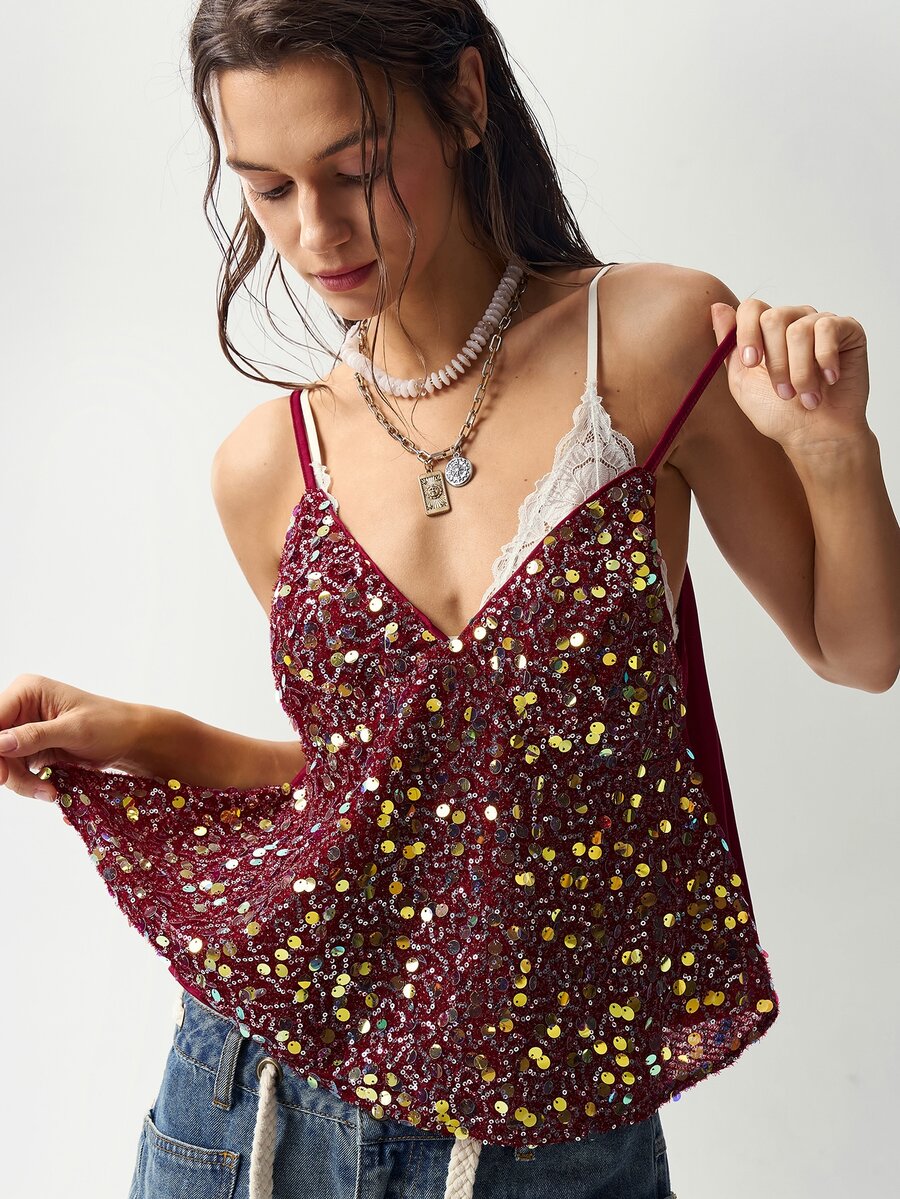 Bohemela Tank Top Camisole Berpayet Cantik untuk Wanita, Cocok untuk Liburan, Pesta, dan Bar - Burgundy - View 1