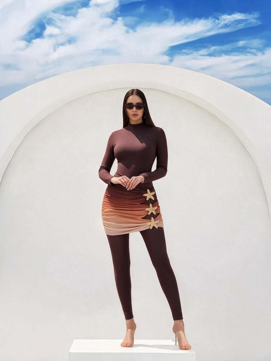 Swim Shayni 女款漸層色長袖上衣與長褲布基尼兩件式泳衣套裝 - 棕色 - 查看 1