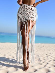 Swim SXY Women's Solid Color Hollow Out Tassel Hem Cover-Up Skirt For Vacation - White - View 1