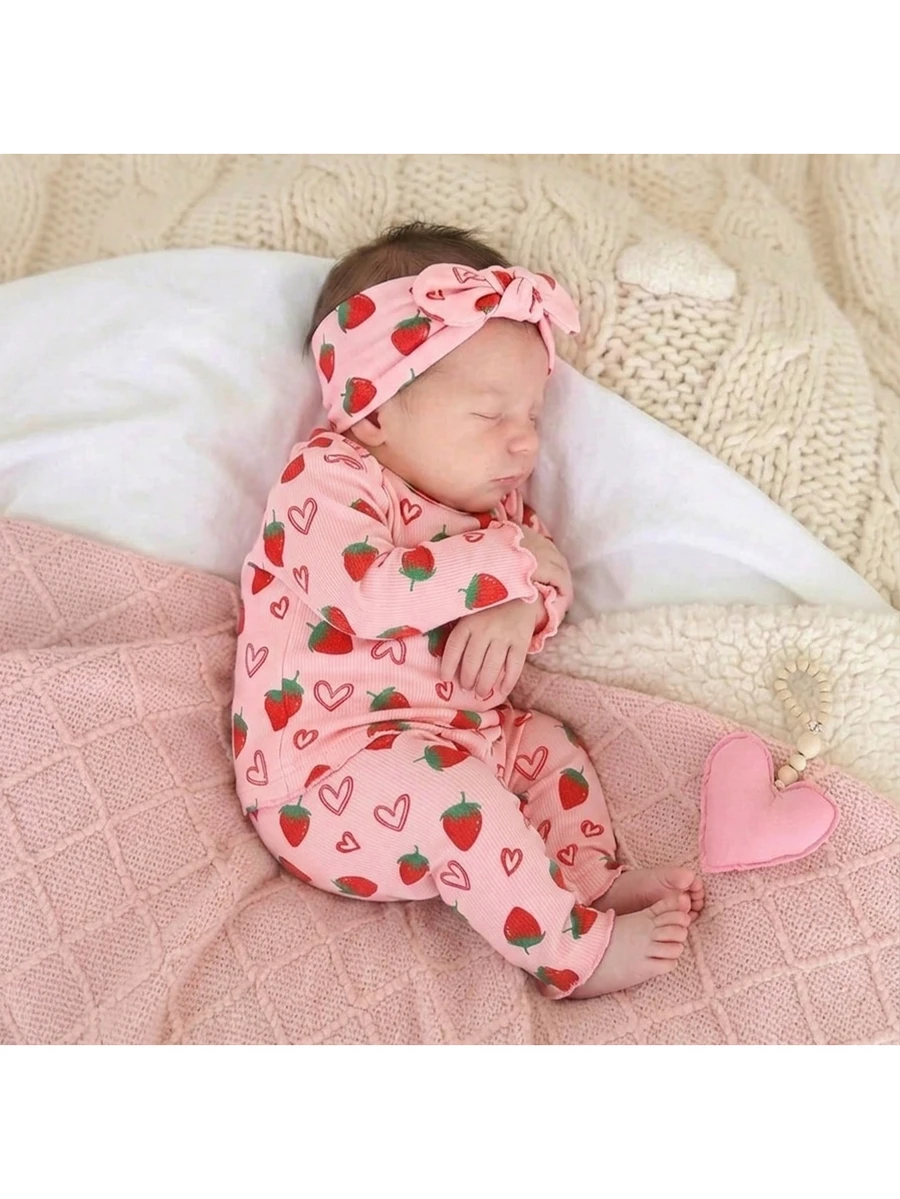 SHEIN Newborn Baby Girl Casual Comfortable Cute Strawberry Pattern Knit Long Sleeve Pajama Set - Pink - View 1