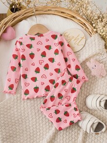 SHEIN Newborn Baby Girl Casual Comfortable Cute Strawberry Pattern Knit Long Sleeve Pajama Set - Pink - View 5