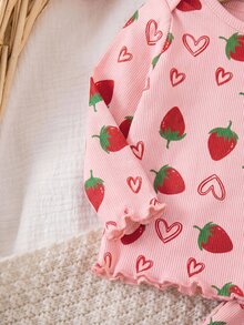 SHEIN Newborn Baby Girl Casual Comfortable Cute Strawberry Pattern Knit Long Sleeve Pajama Set - Pink - View 4