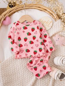 SHEIN Newborn Baby Girl Casual Comfortable Cute Strawberry Pattern Knit Long Sleeve Pajama Set - Pink - View 3