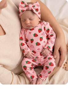 SHEIN Newborn Baby Girl Casual Comfortable Cute Strawberry Pattern Knit Long Sleeve Pajama Set - Pink - View 6