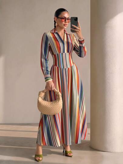 Structelle Colorful Striped V-Neck Asymmetrical Stripe Maxi Dress, Elegant Holiday Outfit, Suitable For Spring And Autumn