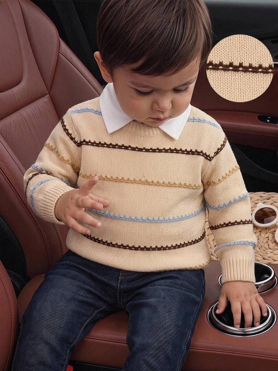 SHEIN Sweater Pullover Lengan Panjang Leher Bulat Bergaris Warna-warni untuk Anak Laki-Laki, Kasual dan Serbaguna - MultiWarna - View 1