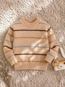 SHEIN Sweater Pullover Lengan Panjang Leher Bulat Bergaris Warna-warni untuk Anak Laki-Laki, Kasual dan Serbaguna - MultiWarna - View 3
