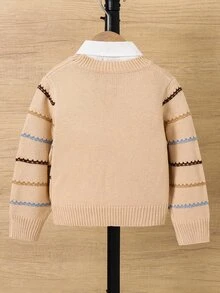 SHEIN Sweater Pullover Lengan Panjang Leher Bulat Bergaris Warna-warni untuk Anak Laki-Laki, Kasual dan Serbaguna - MultiWarna - View 2