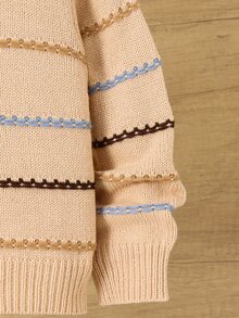 SHEIN Sweater Pullover Lengan Panjang Leher Bulat Bergaris Warna-warni untuk Anak Laki-Laki, Kasual dan Serbaguna - MultiWarna - View 4