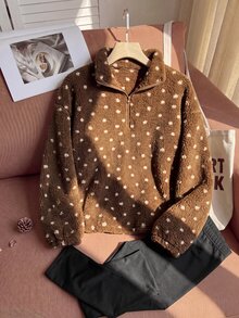Comfortcana Autumn/Winter Casual Letter Print Zip Fleece Sweatshirt & Slim Fit Yoga Pants Versatile Plus Size 2pcs Set - Khaki - View 7