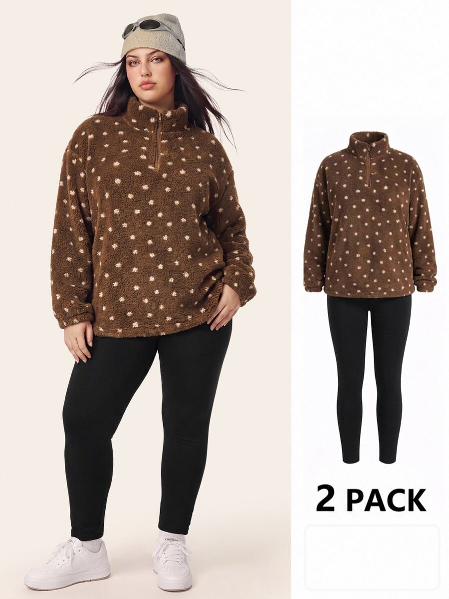 Comfortcana Autumn/Winter Casual Letter Print Zip Fleece Sweatshirt & Slim Fit Yoga Pants Versatile Plus Size 2pcs Set - Khaki - View 1