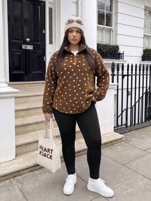Comfortcana Autumn/Winter Casual Letter Print Zip Fleece Sweatshirt & Slim Fit Yoga Pants Versatile Plus Size 2pcs Set - Khaki - View 4