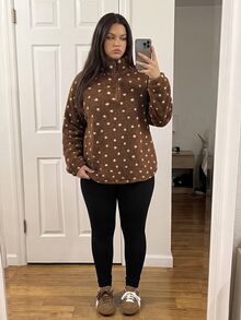 Comfortcana Autumn/Winter Casual Letter Print Zip Fleece Sweatshirt & Slim Fit Yoga Pants Versatile Plus Size 2pcs Set - Khaki - View 5
