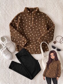 Comfortcana Autumn/Winter Casual Letter Print Zip Fleece Sweatshirt & Slim Fit Yoga Pants Versatile Plus Size 2pcs Set - Khaki - View 6