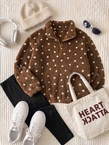 Comfortcana Autumn/Winter Casual Letter Print Zip Fleece Sweatshirt & Slim Fit Yoga Pants Versatile Plus Size 2pcs Set - Khaki - View 3