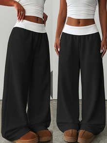 SHEIN Tween Girl Colorblock Casual Kids Versatile Daily Wear Wide Leg Sweatpants - Black - View 2