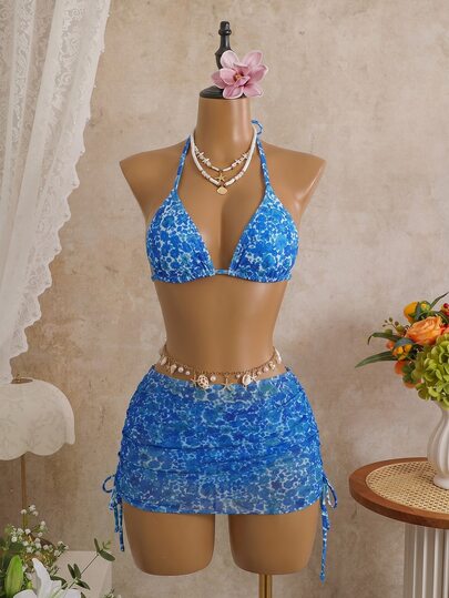 Bellisia 3pcs/Set Women's Sexy Leopard Print Halter Neck Triangle Bikini Top, Mesh Tie Side Sarong Bottom Swimwear For Summer Beach Vacation