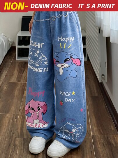 SHEIN ChillGRL Teen Girls Fall Clothes High Waist Cute Cartoon Print Casual Long Pants,Back-To-School Season Teen Girl Street Style College And Campus Sports Wear
