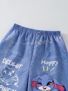 SHEIN ChillGRL 青少年女孩秋季高腰可愛卡通印花休閒長褲，返校季街頭風大學校園運動穿搭 - 藍色 - 查看 5