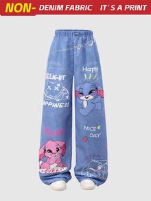 SHEIN ChillGRL 青少年女孩秋季高腰可愛卡通印花休閒長褲，返校季街頭風大學校園運動穿搭 - 藍色 - 查看 3