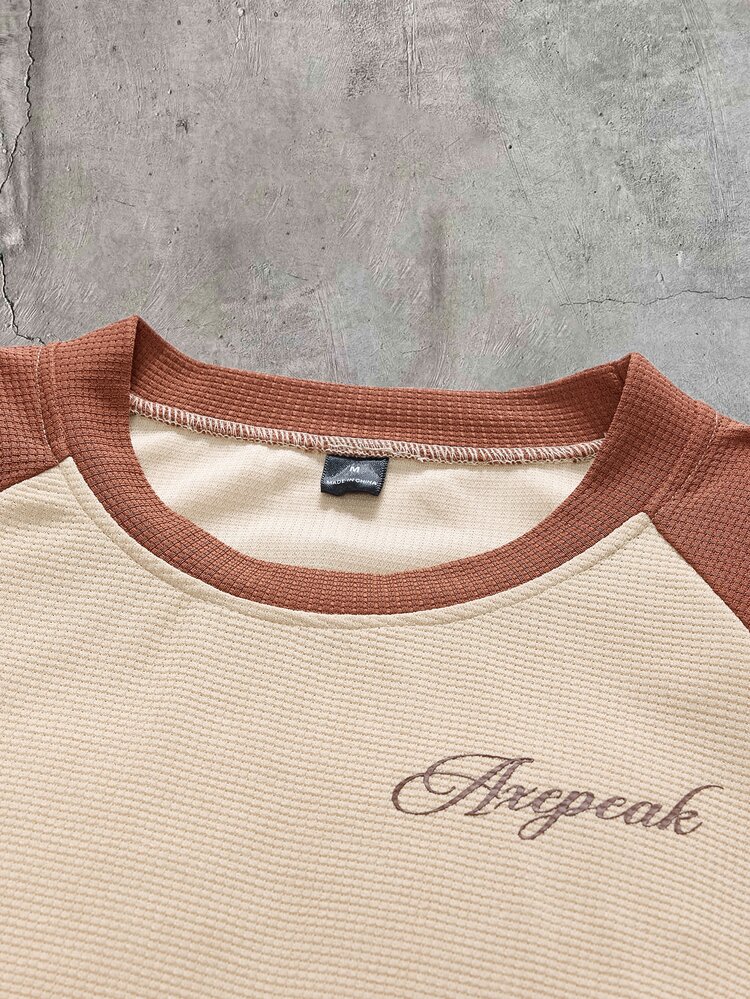 AXEPEAK Men's Crew Neck Fashion Print Colorblock Patchwork Long Sleeve T-Shirt - Coffee Brown - View 6