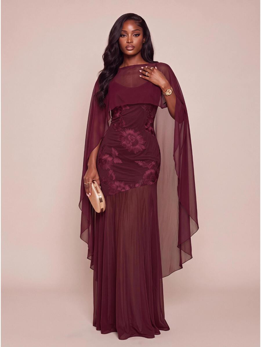 Lumalex Fall Winter Asymmetrical Shawl Cape 3D Floral Patchwork Soft Mesh Fitted Bodycon Adjustable Strap Women's DressA Detachable Flowing Mesh Cape Bodycon