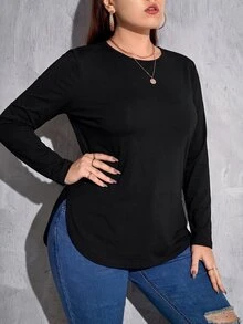SHEIN Essnce 大尺碼女款春夏/秋冬時尚休閒彈性舒適日常基本百搭修身長袖黑色T恤，秋季穿搭，外出上衣，極簡風，圓弧領 - 黑色 - 查看 6