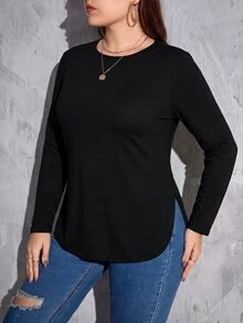 SHEIN Essnce 大尺碼女款春夏/秋冬時尚休閒彈性舒適日常基本百搭修身長袖黑色T恤，秋季穿搭，外出上衣，極簡風，圓弧領 - 黑色 - 查看 4