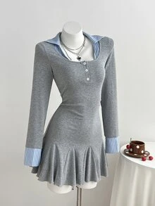 Elamini Women's Dress Graduation Season Patchwork Contrasting Stripes Retro Preppy Casual Office Everyday School Daily Vacation Wear Grey Plaid - Grey - View 6