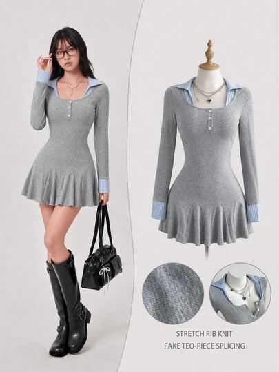 Elamini Women's Dress Graduation Season College Style Round Neck Office Shirt Collar Casual