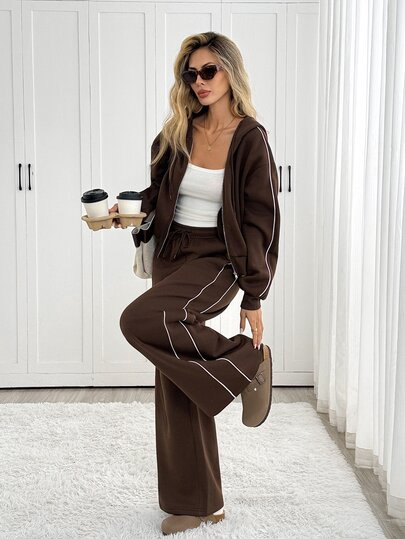 Easowa Women's Autumn/Winter Casual Thermal Lined Hoodie Sweatpants 2 Pieces Set Travel Dark Brown