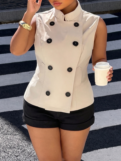 Muchica Plus-Size Solid Color Double-Breasted Casual Vest Trench Coat, Khaki Women's Shirt, Elegant Graduation Formal Work Attire