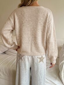 SHEIN 青少年女孩休閒燈籠袖短款純色摩卡淺棕長袖毛衣，花卉棕色毛衣，秋季女童毛衣，女童毛衣，秋季毛衣，秋季服飾，冬季外出 - 摩卡棕 - 查看 3