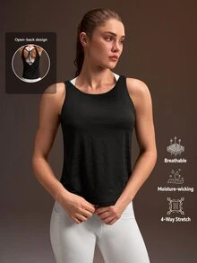 Powerista Women's Summer Spring Black Sports Back Lace-Up Design Tank Top Breathable Active Wear Casual Modest Athleisure Sleeveless Running Shirt Gym Workout - Black - View 3