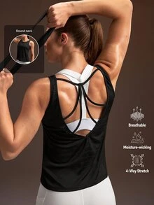 Powerista Women's Summer Spring Black Sports Back Lace-Up Design Tank Top Breathable Active Wear Casual Modest Athleisure Sleeveless Running Shirt Gym Workout - Black - View 2