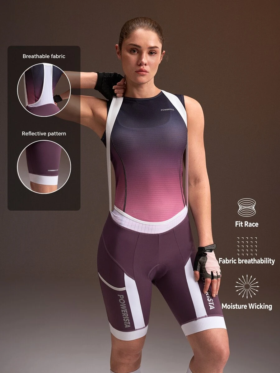 Powerista Women's Summer And Spring Purple Gradient Sleeveless Cycling Jersey With Padded Shorts Bib Set For Road And Mountain Biking - Purple - View 1