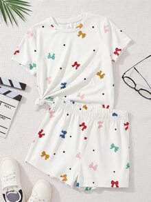 SHEIN 两件套女童数码蝴蝶结印花圆领短袖上衣和短裤休闲套装 - 彩色 - 查看 2