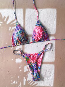 SHEIN Swim Springbreak 女士沙滩装夏季女装，随机印花两件套比基尼泳装 - 彩色 - 查看 3