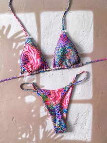 SHEIN Swim Springbreak 女士沙滩装夏季女装，随机印花两件套比基尼泳装 - 彩色 - 查看 2