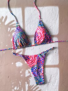 SHEIN Swim Springbreak 女士沙滩装夏季女装，随机印花两件套比基尼泳装 - 彩色 - 查看 4