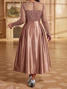 Fleurora Plus Size Elegant Mesh Patchwork Ruched Waist Dress Fall - Brown - View 2