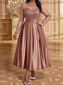 Fleurora Plus Size Elegant Mesh Patchwork Ruched Waist Dress Fall - Brown - View 5