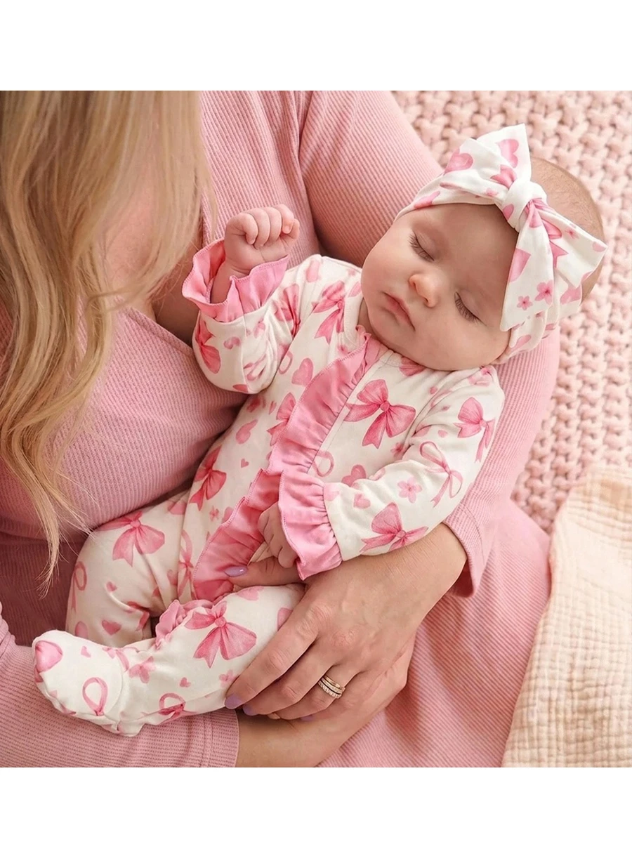 SHEIN Newborn Baby Boy Cute Knitted Casual Cartoon Bear Pattern Romper & Headband Set - White - View 1