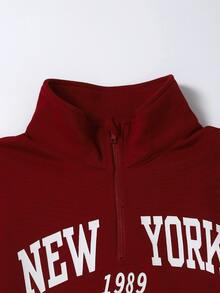 SHEIN 女童大童春秋冬季休閒兩件套，紐約字母印花立領衛衣與短褲套裝，保暖校園穿搭，適合日常穿著、上學、通勤、外出、散步、購物、旅行，可搭配夾克、背心、棉襖 - 酒紅色 - 查看 6