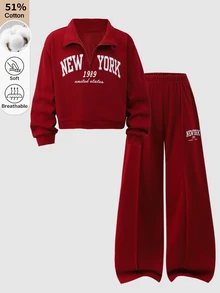 SHEIN 女童大童春秋冬季休閒兩件套，紐約字母印花立領衛衣與短褲套裝，保暖校園穿搭，適合日常穿著、上學、通勤、外出、散步、購物、旅行，可搭配夾克、背心、棉襖 - 酒紅色 - 查看 5