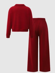 SHEIN 女童大童春秋冬季休閒兩件套，紐約字母印花立領衛衣與短褲套裝，保暖校園穿搭，適合日常穿著、上學、通勤、外出、散步、購物、旅行，可搭配夾克、背心、棉襖 - 酒紅色 - 查看 3