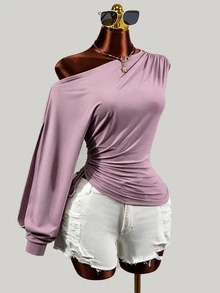 BamGleam 秋季新款不對稱單肩垂墜長袖上衣 側抽繩抓皺收腰 T-shirt 女款休閒性感襯衫 灰紫色 - 紫色 - 查看 2