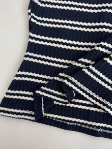 Easowa Women's Minimalist Striped Contrast Color Button Long Sleeve T-Shirt For Daily Wear - Navy Blue - View 7