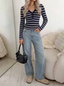Easowa Women's Minimalist Striped Contrast Color Button Long Sleeve T-Shirt For Daily Wear - Navy Blue - View 4