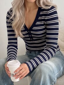 Easowa Women's Minimalist Striped Contrast Color Button Long Sleeve T-Shirt For Daily Wear - Navy Blue - View 1